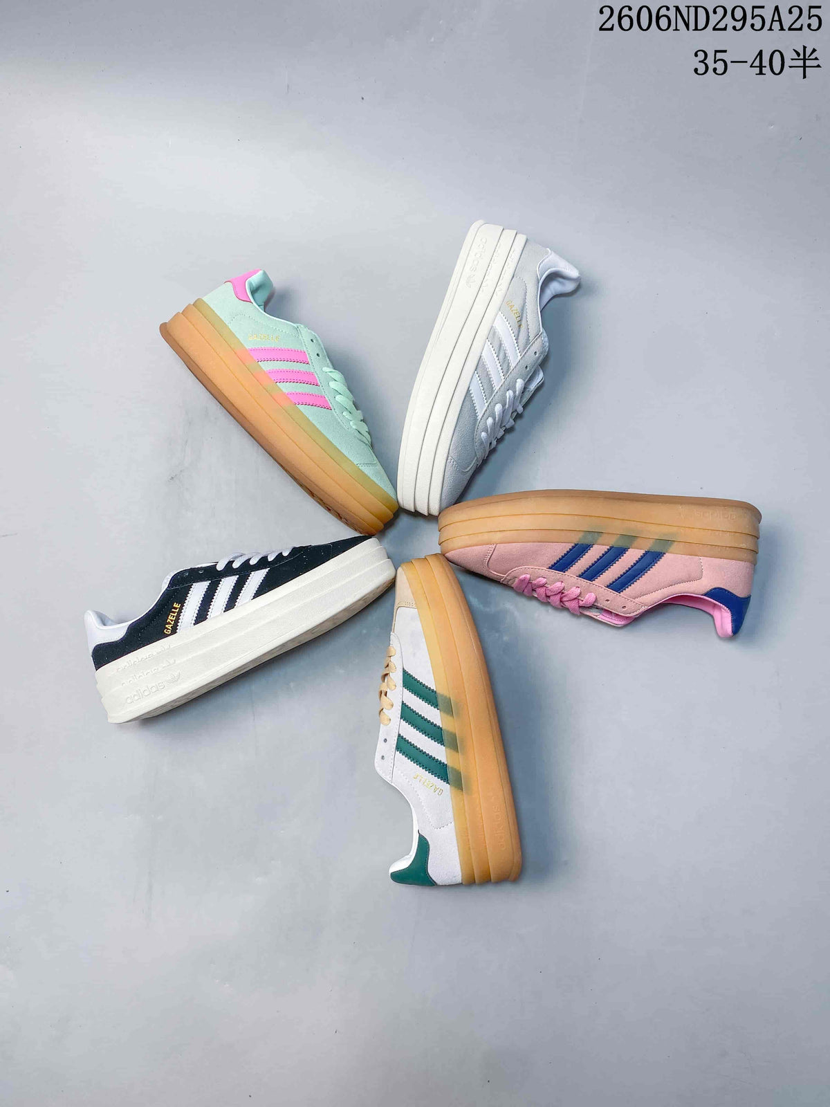Five pictured colorways of low-top sneakers arranged together, including pink, mint, white, navy, and gray options.