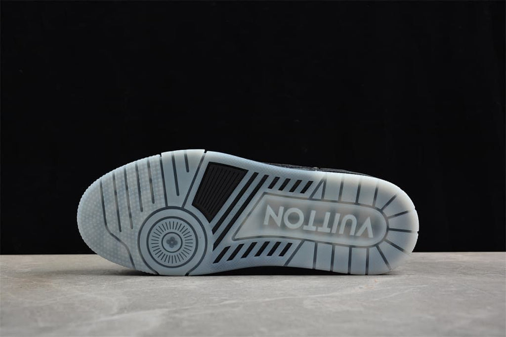 Bottom view of the translucent outsole with patterned tread.