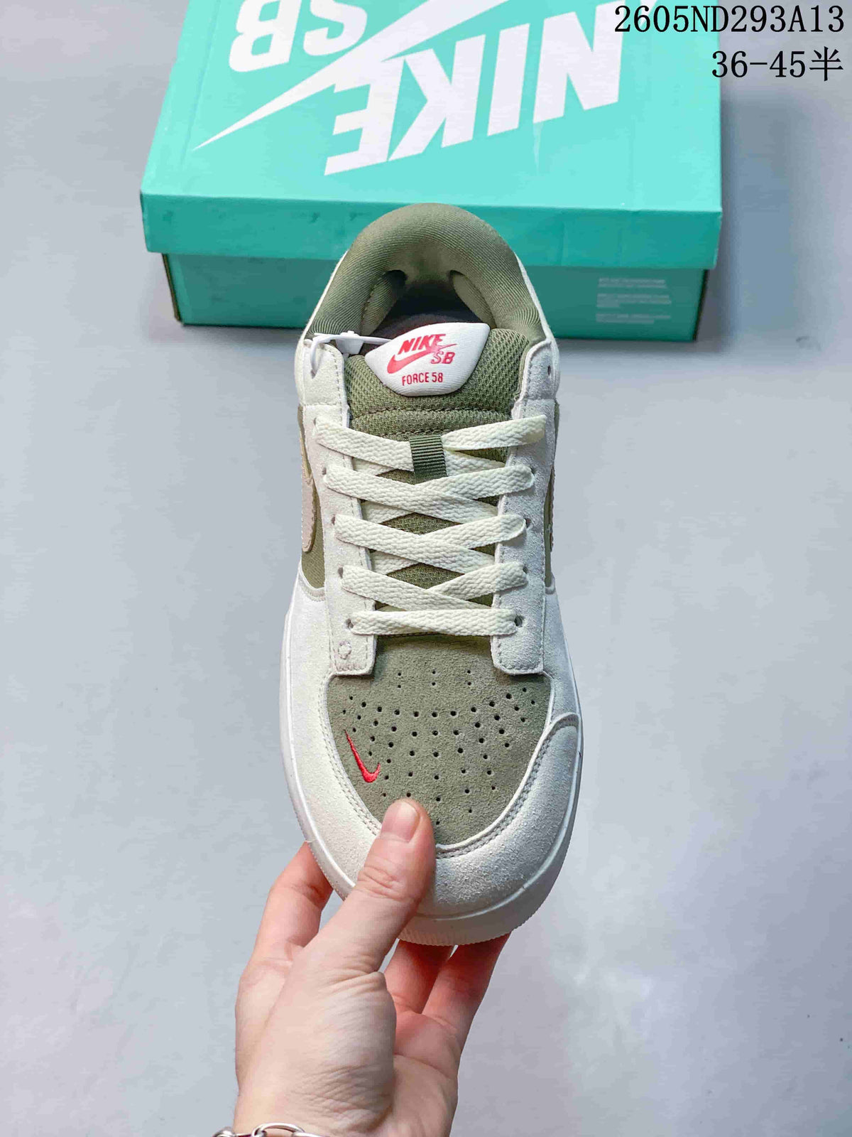 Top view showing the perforated toe, laces, and Nike SB Force 58 tongue label.