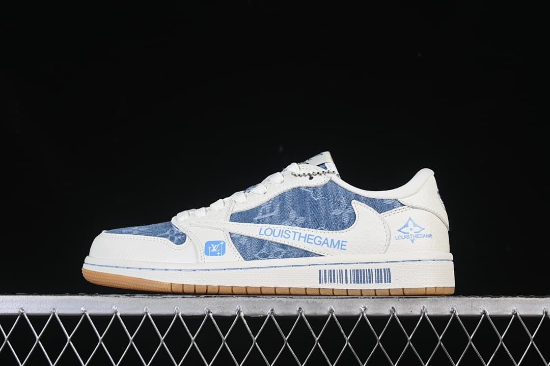 Side view of a low-top sneaker with blue patterned panels, white overlays, blue graphics, and a gum-colored outsole.