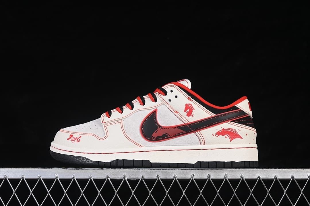 Side view of an off-white Nike SB Dunk Low with red stitching, dark side panel, and horse-themed graphics