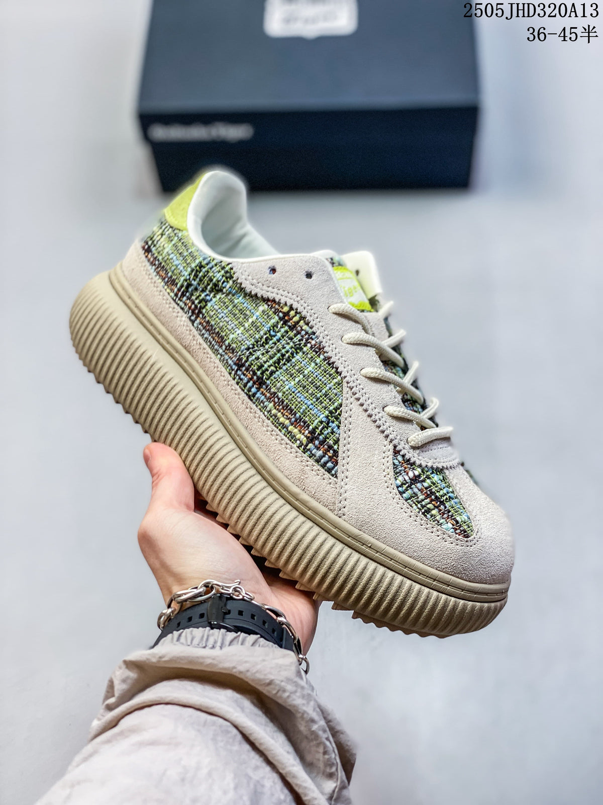 Angled side view of a neutral sneaker with a ribbed beige sole