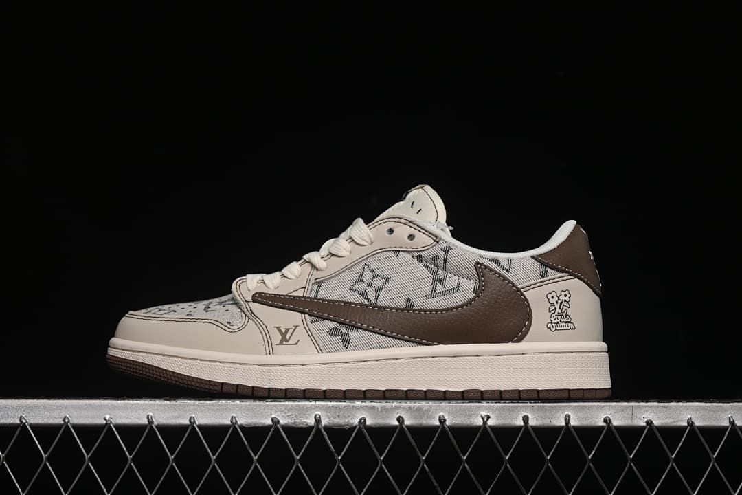 Side view of a beige patterned low-top sneaker with dark brown accents and white midsole