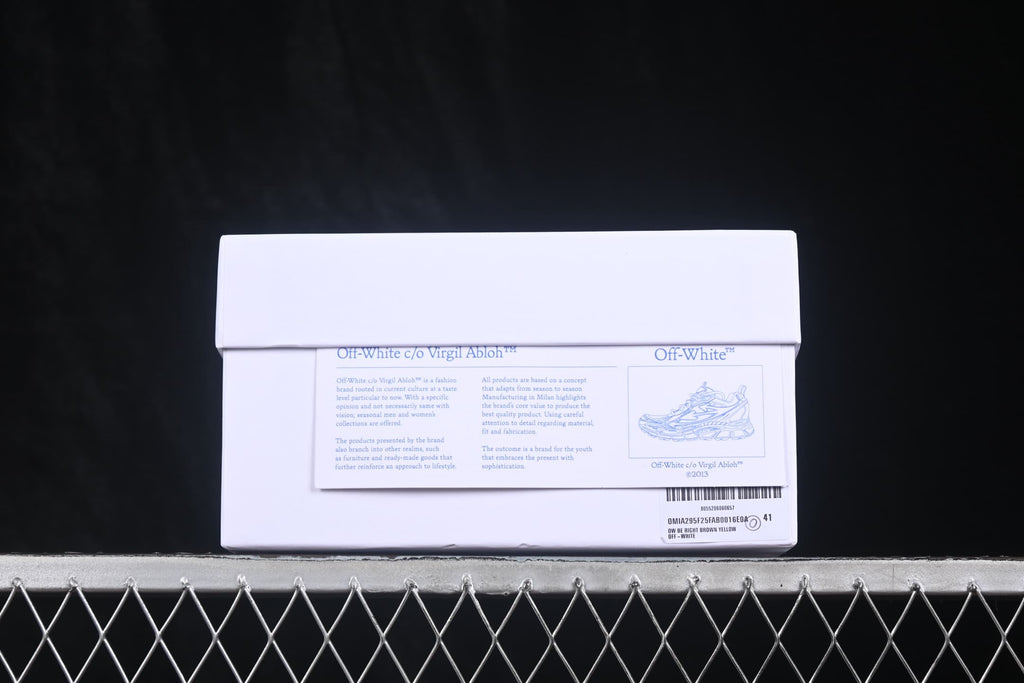 White shoebox with Off-White c/o Virgil Abloh text, a sneaker illustration and a visible size label marked 41.