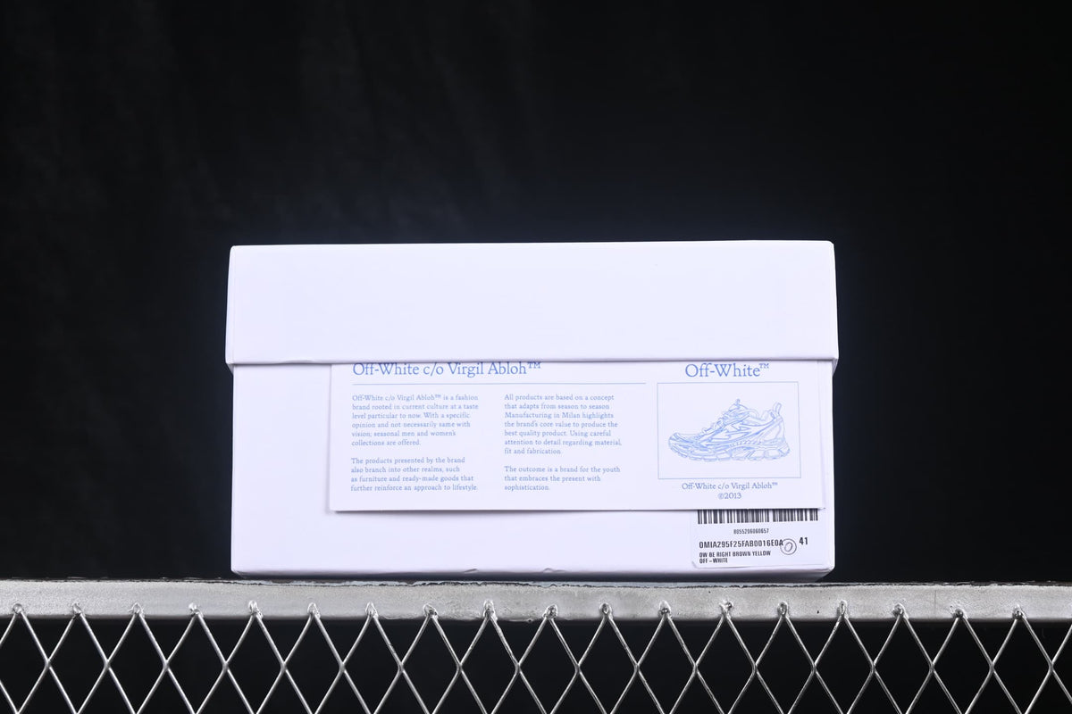 White shoebox with Off-White c/o Virgil Abloh text, a sneaker illustration and a visible size label marked 41.