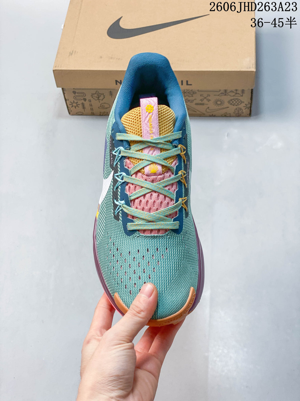 Top view of the Nike Pegasus Trail 5 showing its laces, tongue, and perforated forefoot.