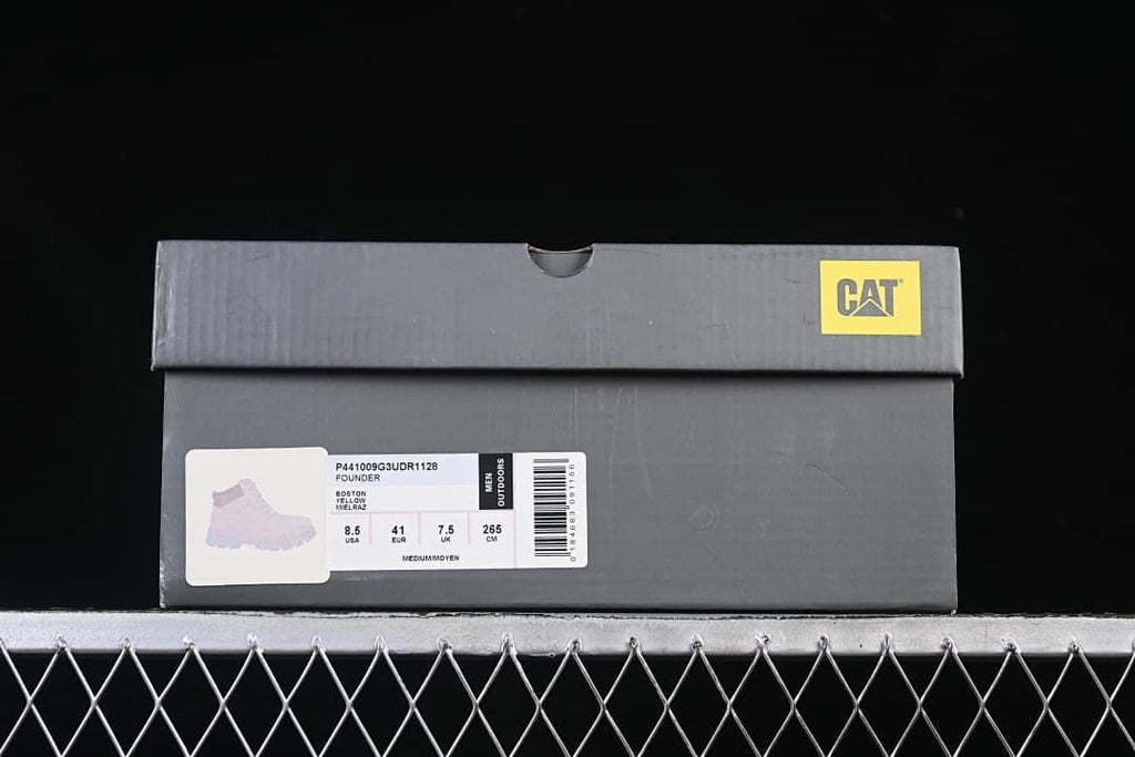 CAT boot box label showing Founder, Boston Yellow, style code, and size details