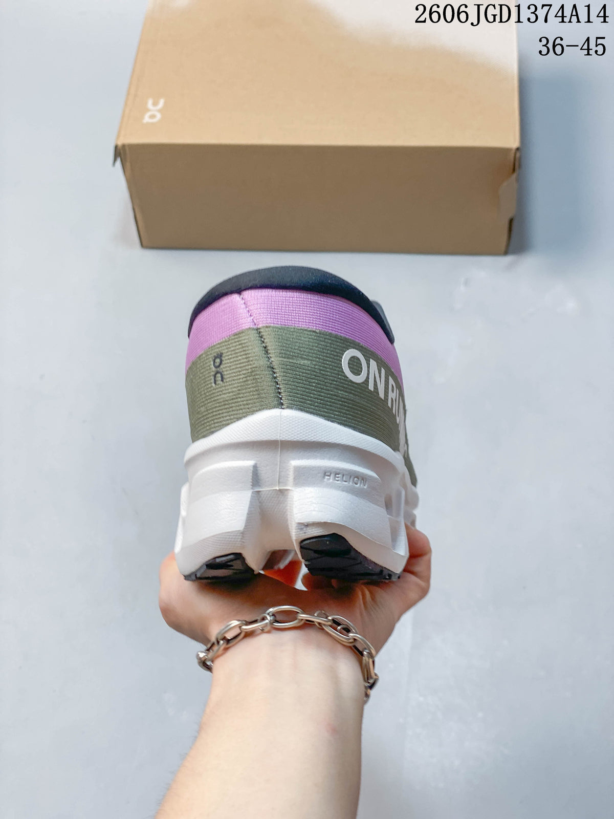 Rear view showing the olive heel panel, white sole, and branded heel details.
