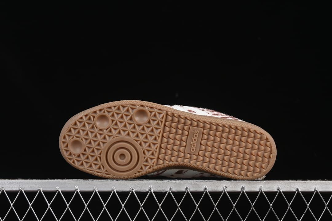 Underside view of the gum-colored patterned outsole