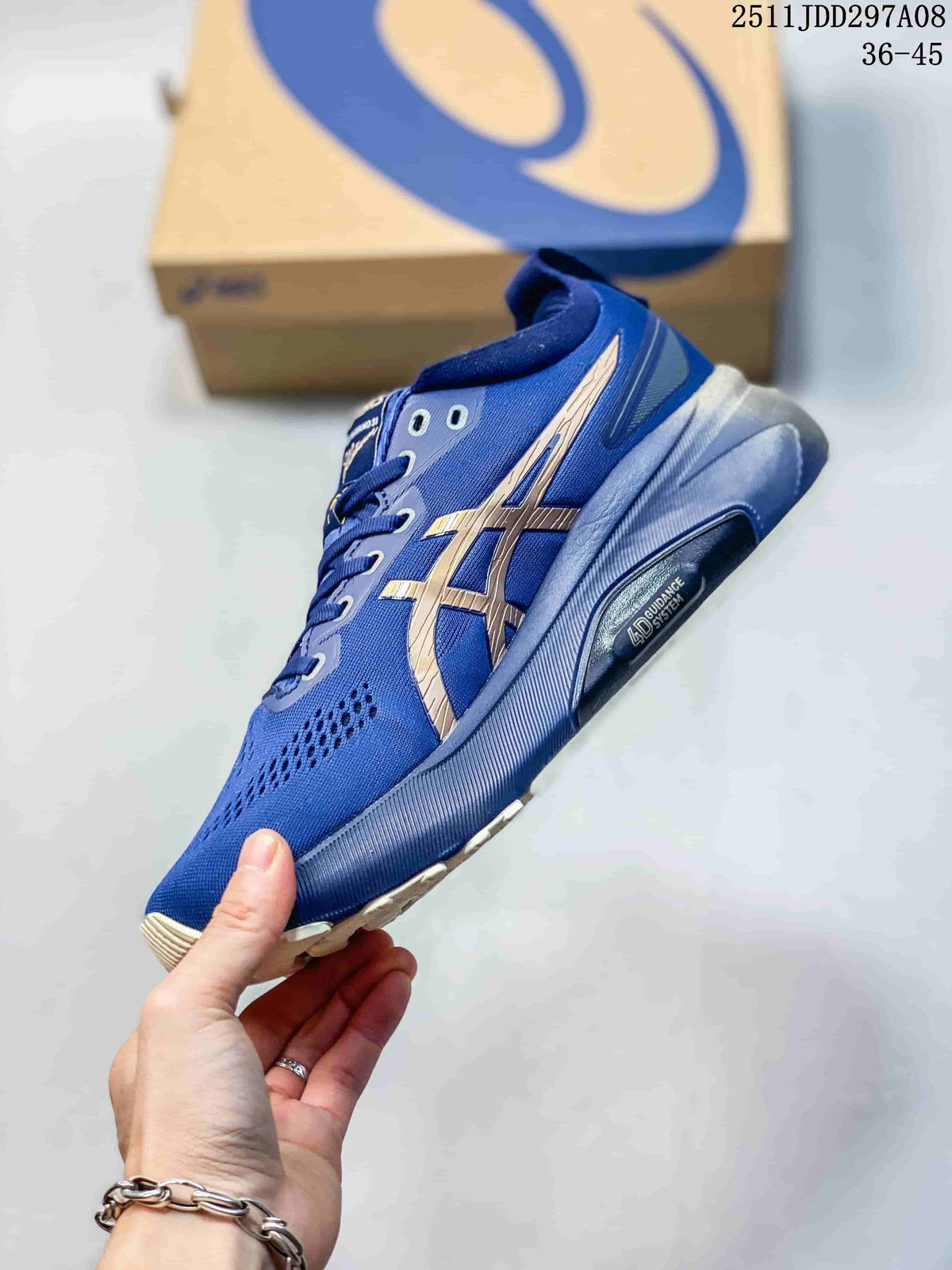 Side view of the blue ASICS shoe with gold-tone stripes and a sculpted sole