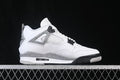 Side view of white Jordan Air Jordan 4 Retro White Cement sneakers with grey speckled panels and black accents