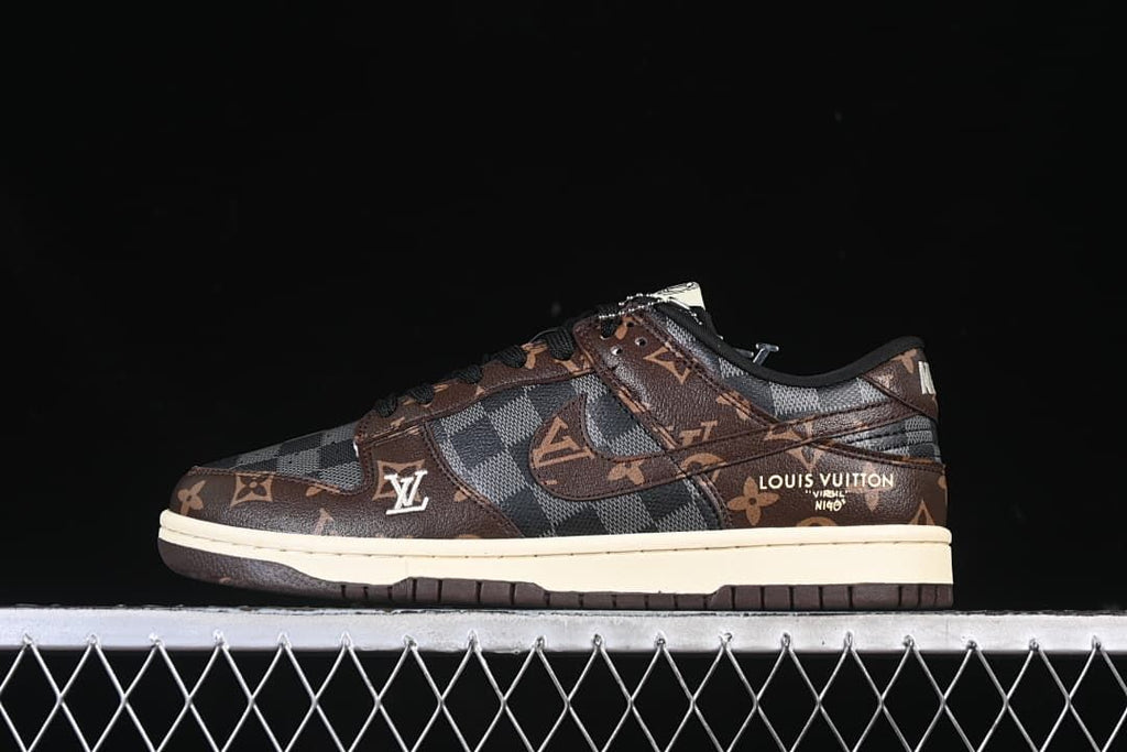 Side view of a brown and grey patterned low-top sneaker with black laces and an off-white midsole