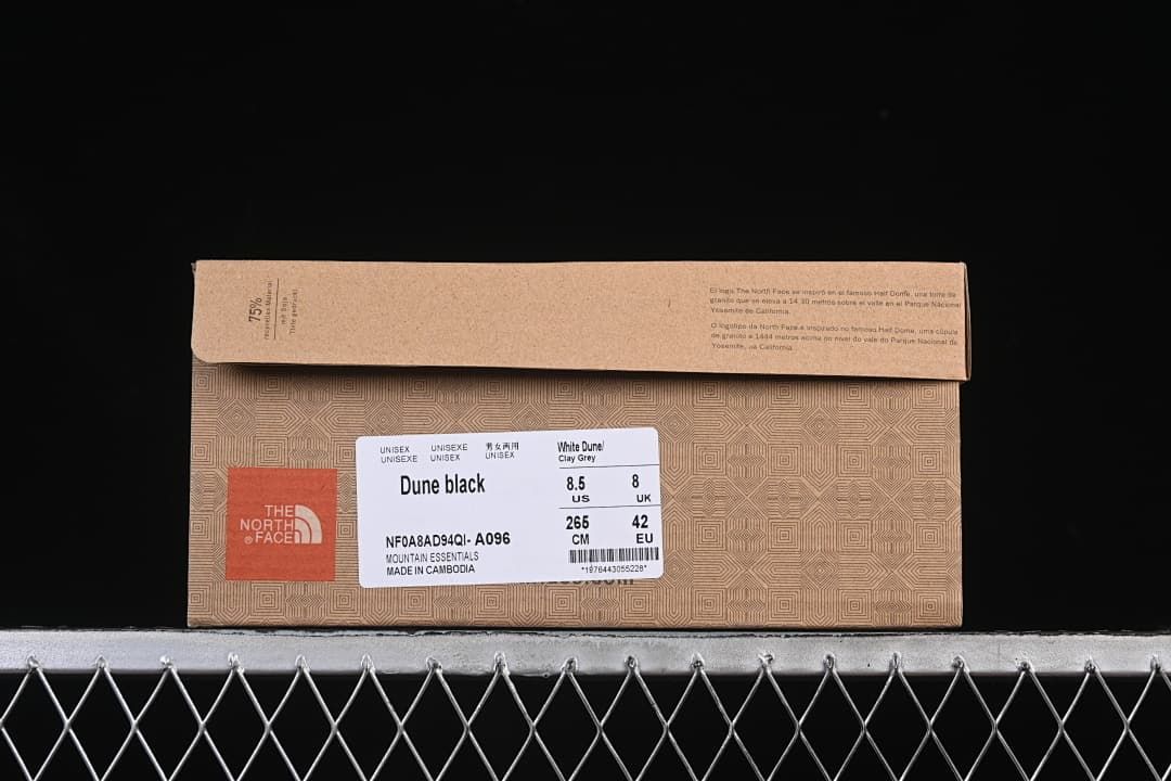 Shoe box label showing Dune Black and style code NF0A8AD94QI-A096, size EU 42