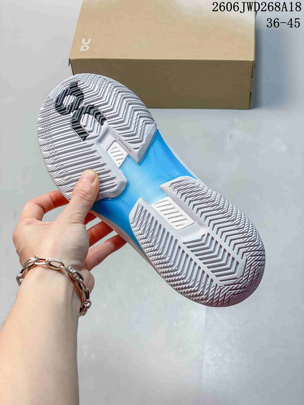 Close view of the patterned white and gray outsole with a blue central section.