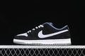 Side profile of a black and grey Nike SB Dunk Low with blue collar accents and a muted green-grey outsole