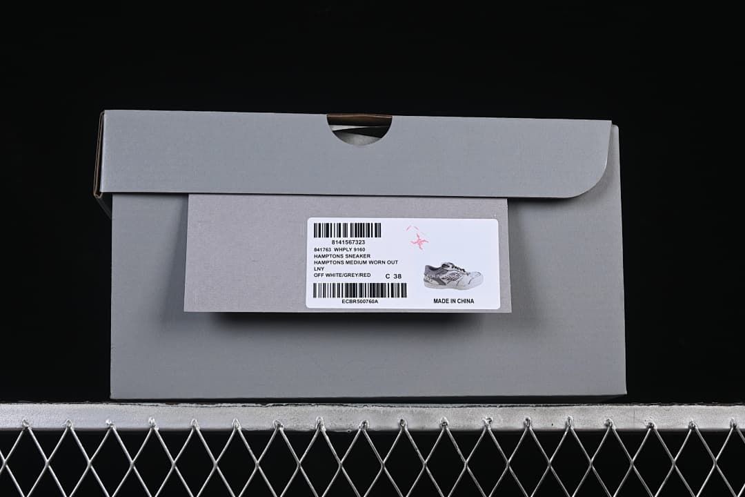 Shoe box label identifying the Hamptons sneaker in off-white, grey and red, size C 38
