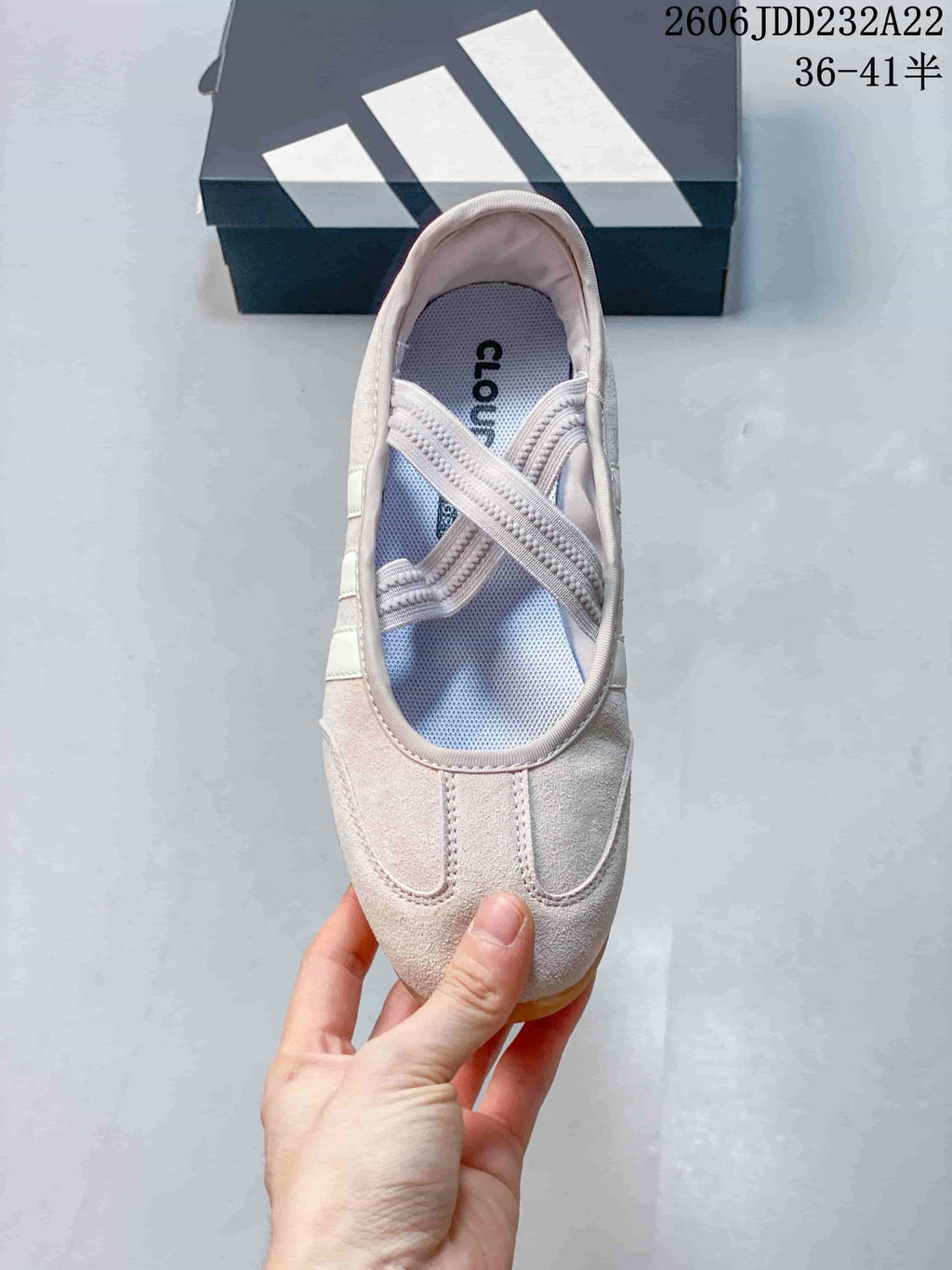 Top view of the shoe showing its crossed Mary Jane straps