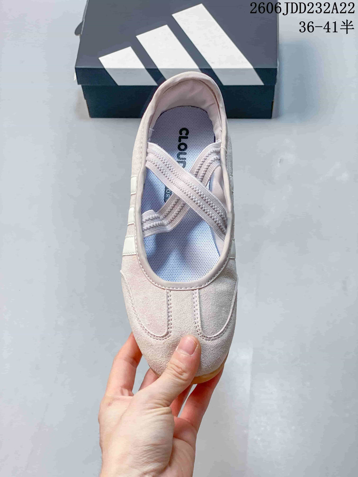 Top view of the shoe showing its crossed Mary Jane straps
