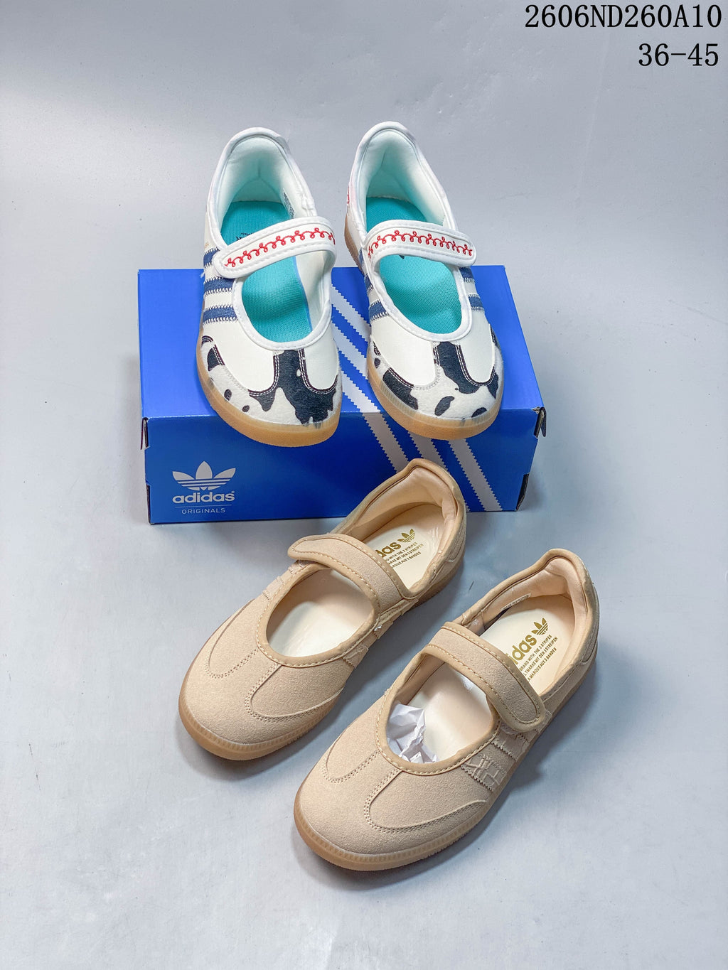 Two photographed colorways of Mary Jane shoes: ivory printed-toe shoes and sand-beige shoes.