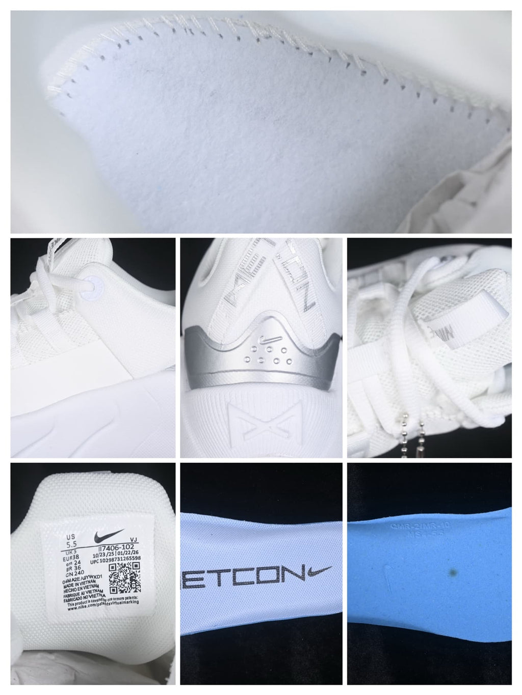 Detail collage showing the mesh texture, heel and tongue branding, and a label with Nike Free Metcon 7 style information.