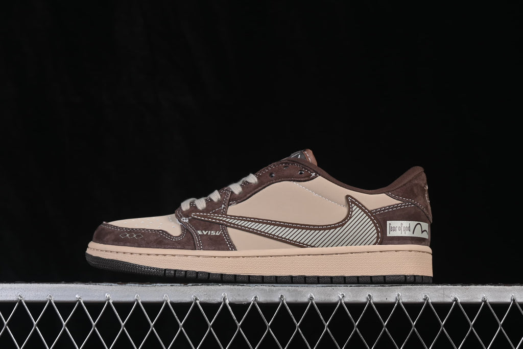 Side view of a beige and dark brown low-top sneaker with a patterned side panel and contrast stitching