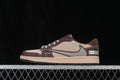 Side view of a beige and dark brown low-top sneaker with a patterned side panel and contrast stitching