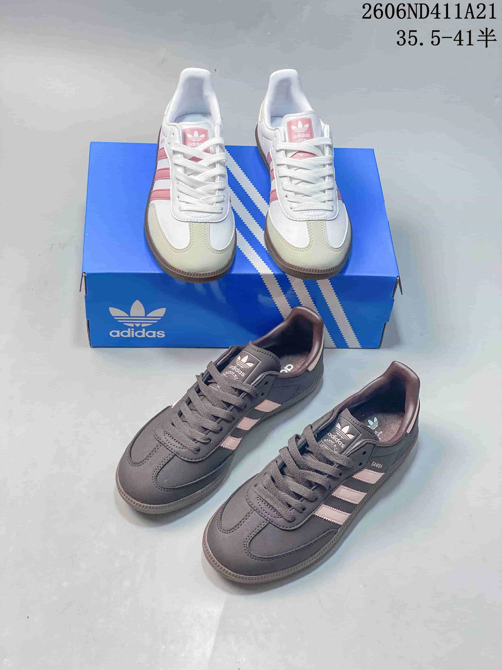 White and charcoal gray sneaker pairs shown together in two colorways.