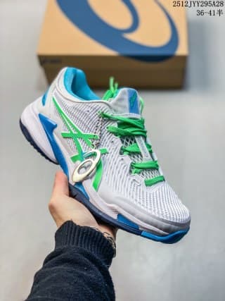 White and gray ASICS SKY ELITE FF 3 sneaker with bright green and teal accents.