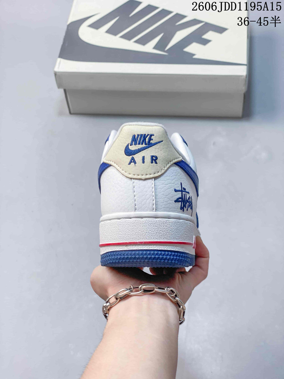 Rear view of a white and blue Nike Air Force 1 Low with heel graphics