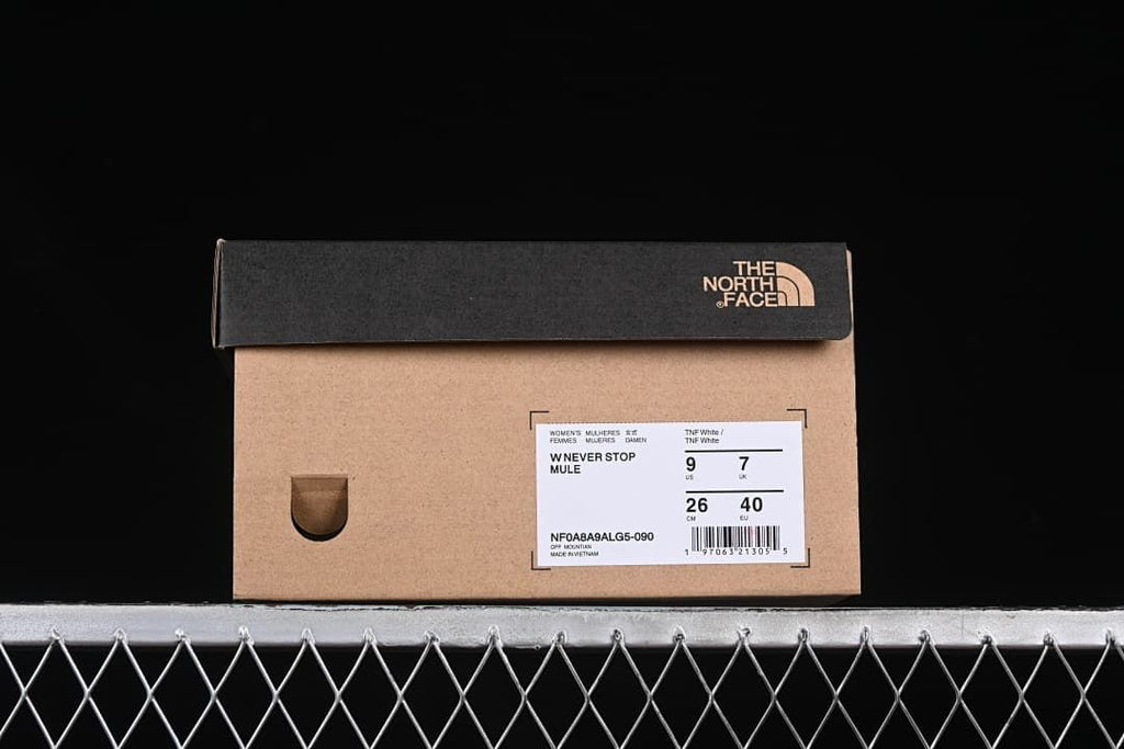 Shoebox label identifying the W Never Stop Mule in TNF White