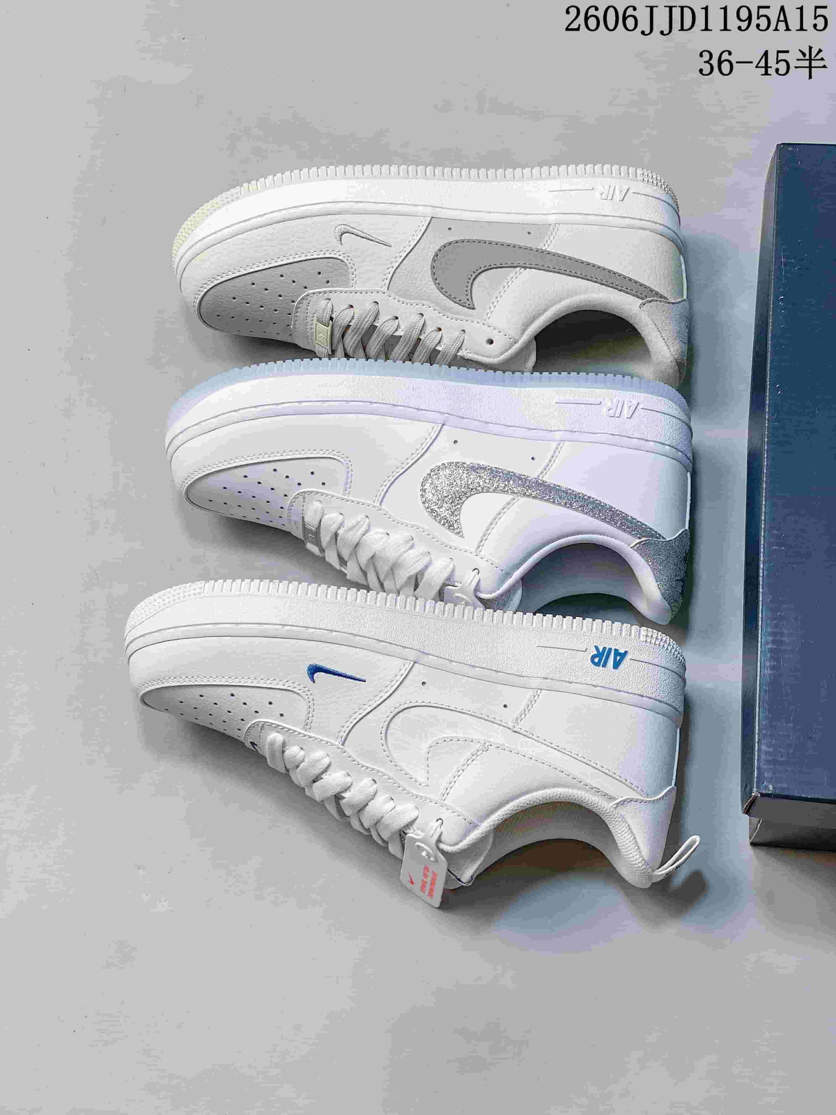 Three white low-top sneaker variations shown side by side, with silver, gray, and blue accents.