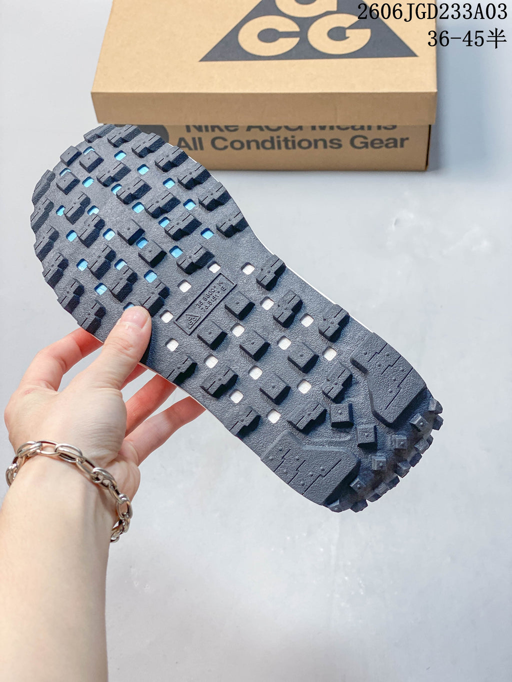 Close-up of the lugged outsole on a Nike ACG LDV shoe