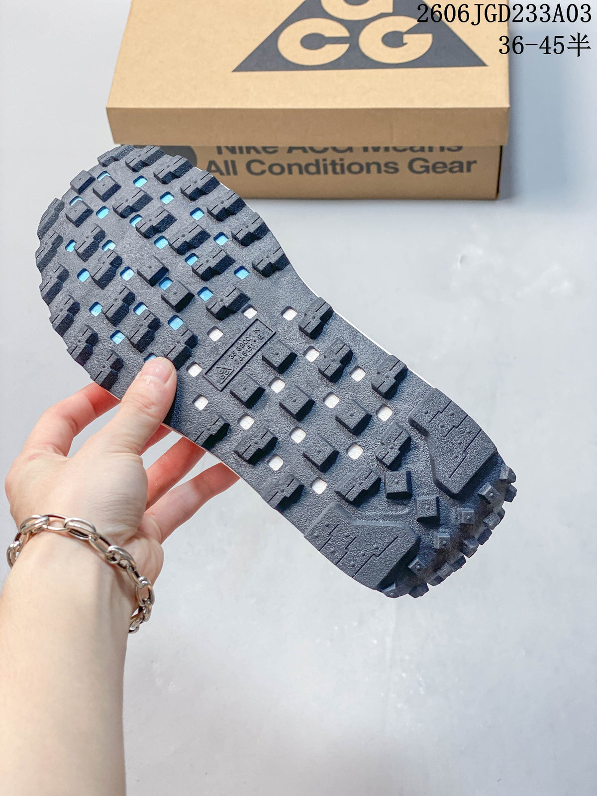 Close-up of the lugged outsole on a Nike ACG LDV shoe
