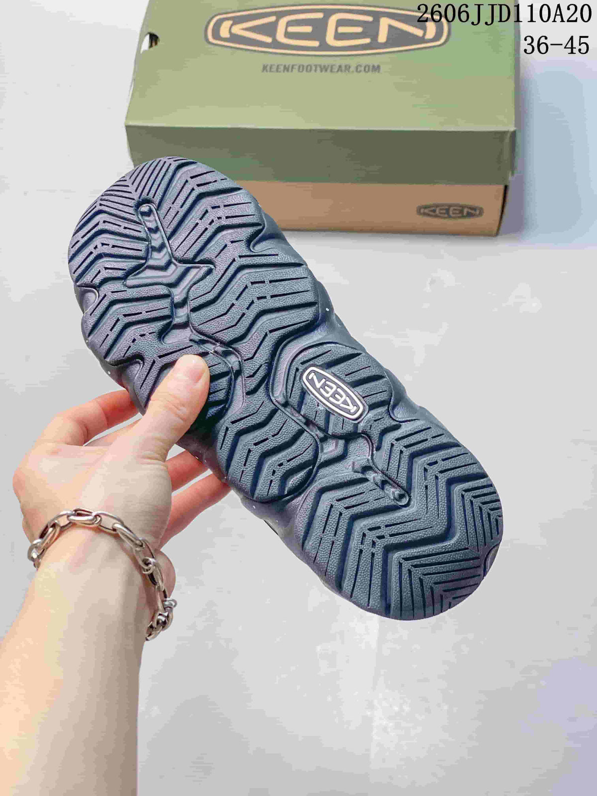 Textured outsole of a dark navy sandal, with a KEEN shoebox in the background.