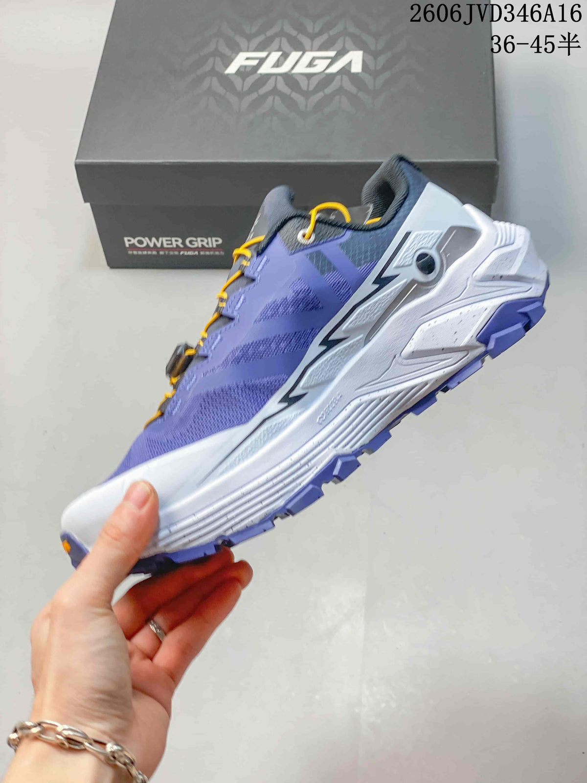 Side view showing the purple upper and white midsole of a Kailas FUGA EX3 shoe