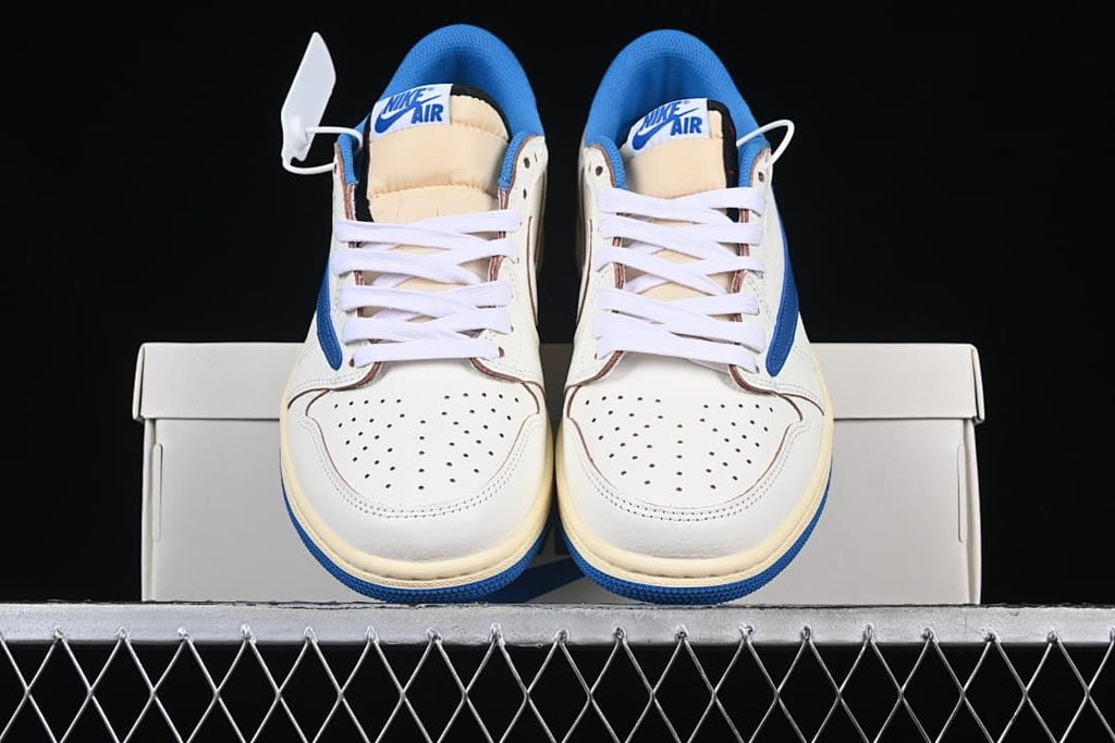 Front view of the pair showing perforated toes and blue lining