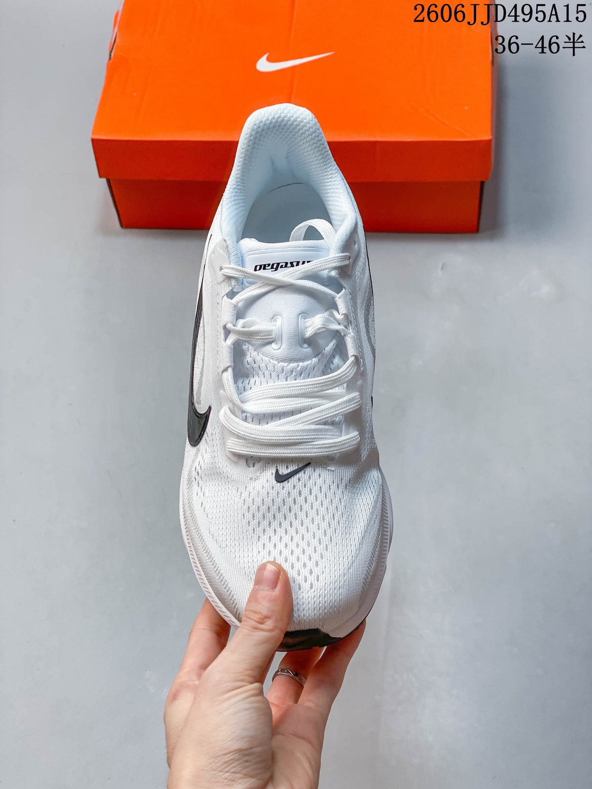 Top view of a white lace-up Nike running shoe