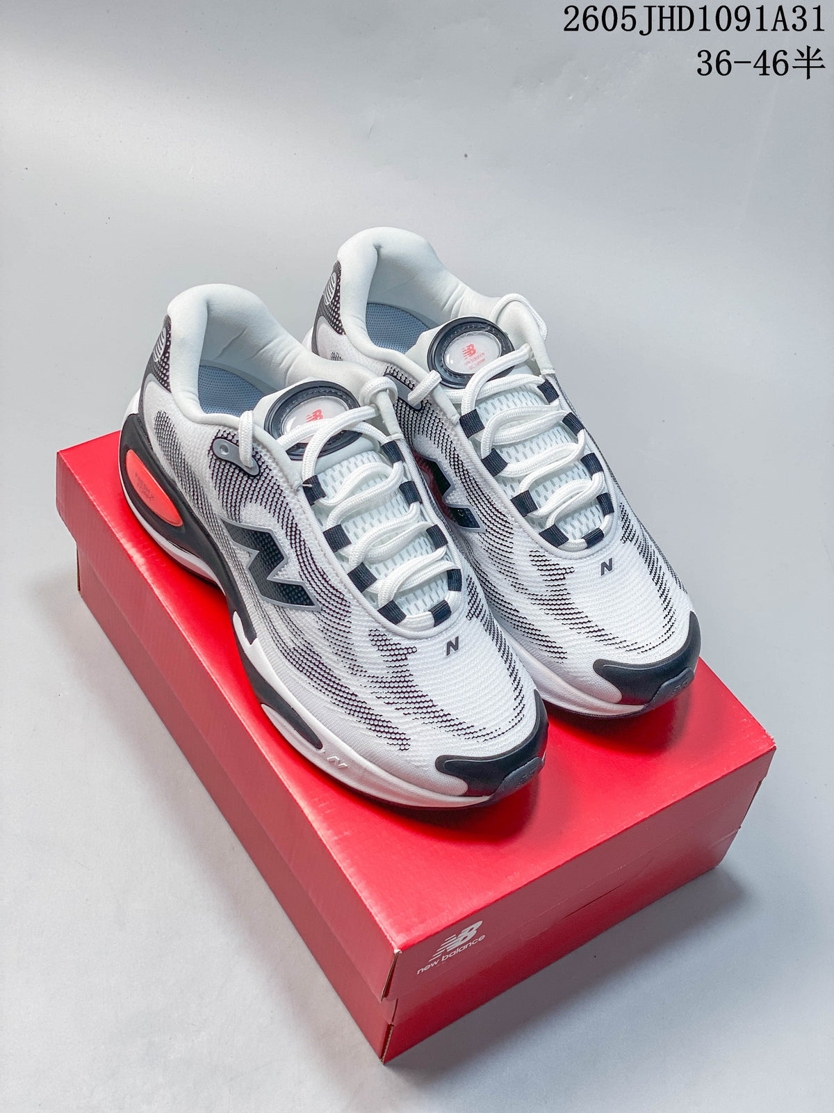 Pair of white and black New Balance AC Runner shoes on a red shoebox