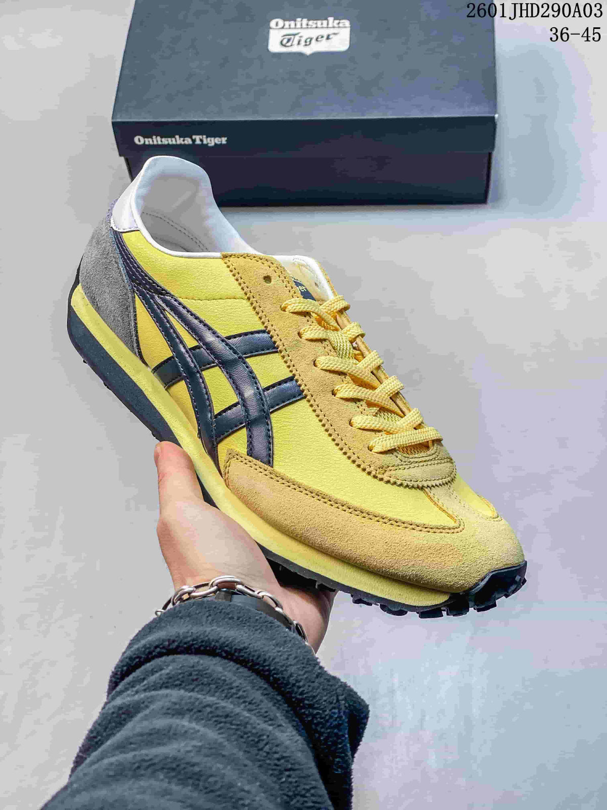 Yellow Onitsuka Tiger EDR 78 sneaker with dark side stripes and beige overlays.