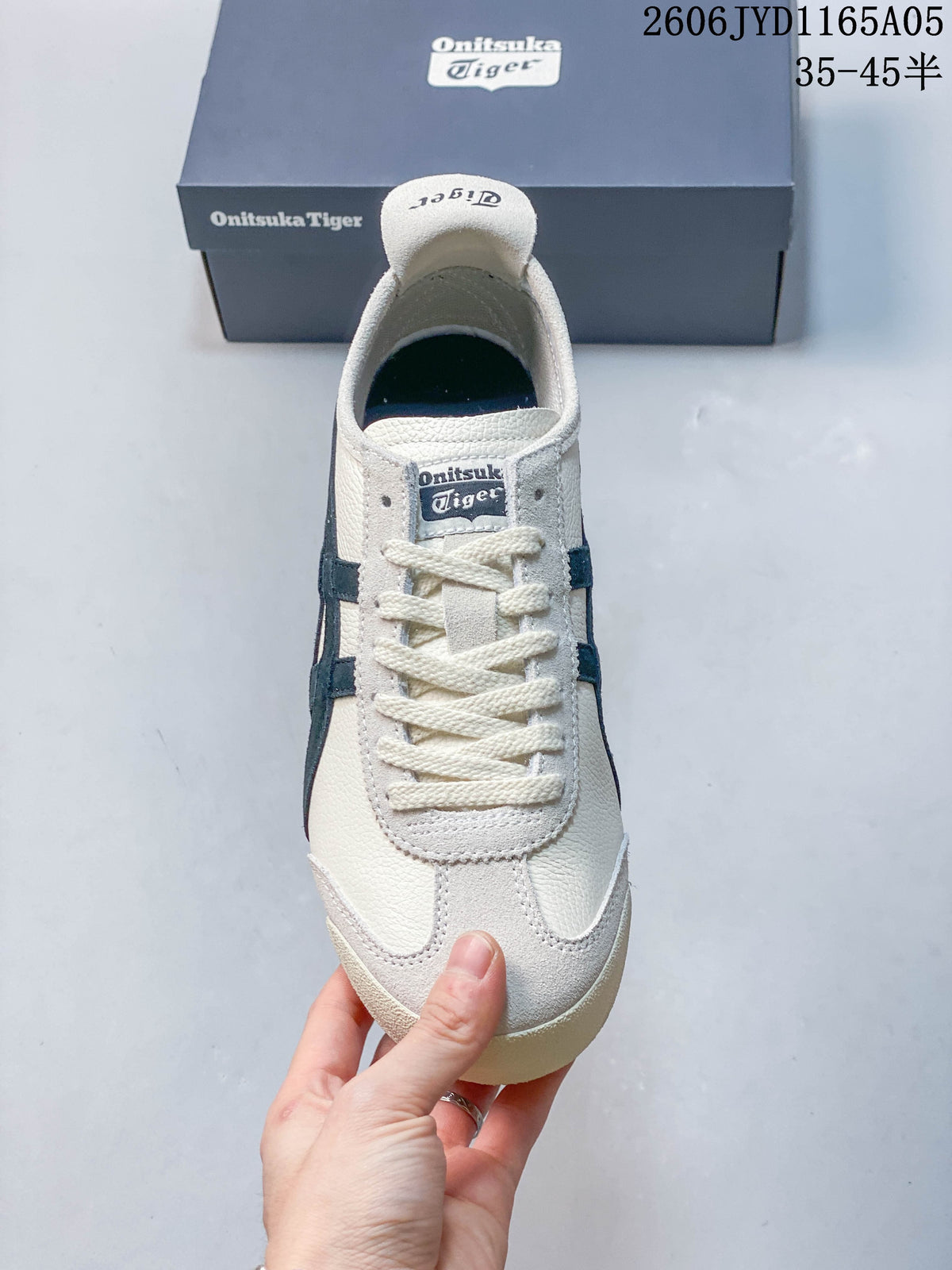 Top view of an ivory-colored Onitsuka Tiger Mexico 66 sneaker with cream laces.