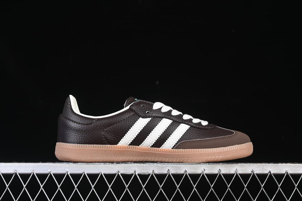 Side profile of the brown and white adidas Samba OG sneaker