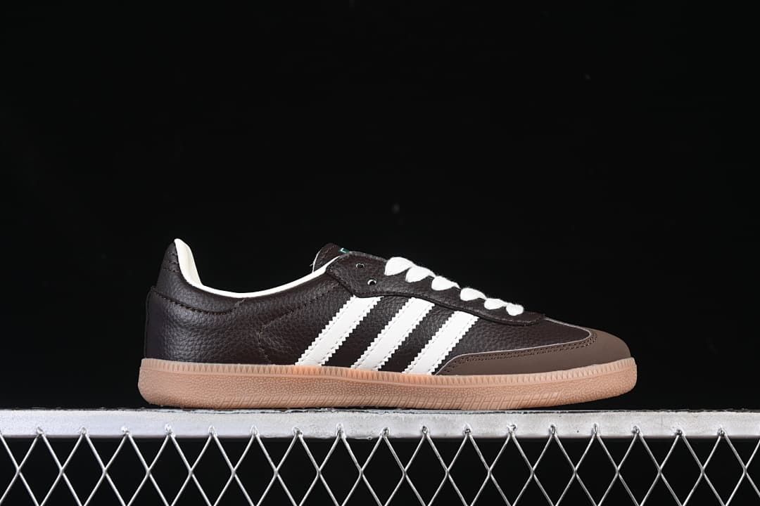 Side profile of the brown and white adidas Samba OG sneaker