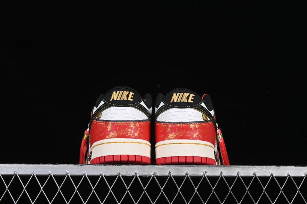 Rear view of the pair with patterned red heel panels