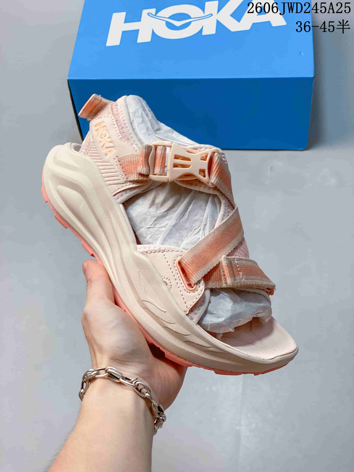 Light pink HOKA Infini Hike TC sandal with adjustable straps