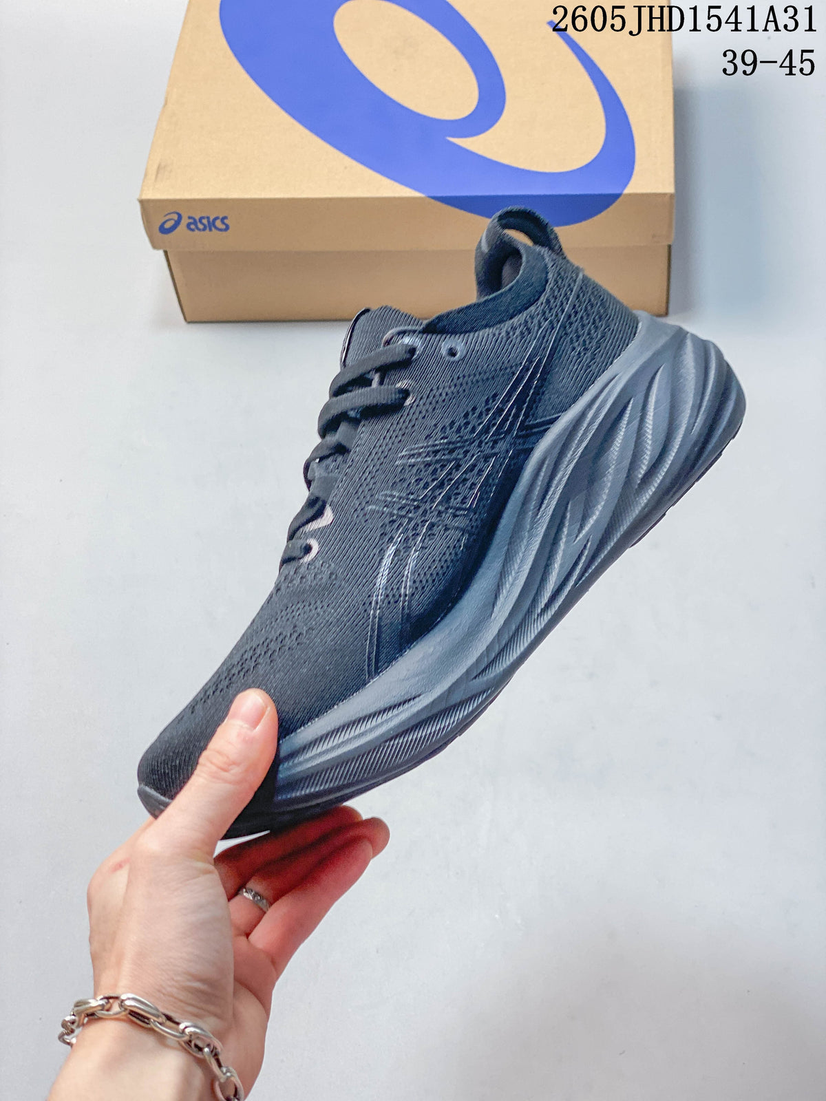 Side view of a dark gray ASICS GEL-NIMBUS 26 running shoe