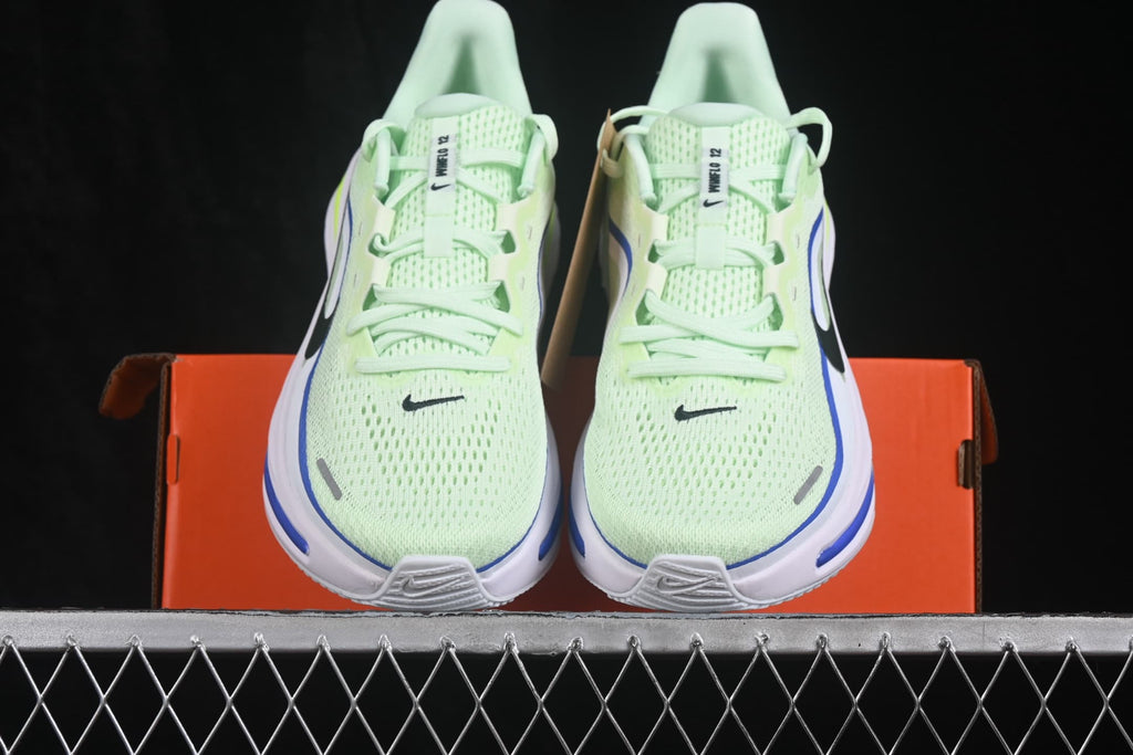 Front view of the pair showing pale green mesh-like uppers, laces, black Swooshes and blue trim.