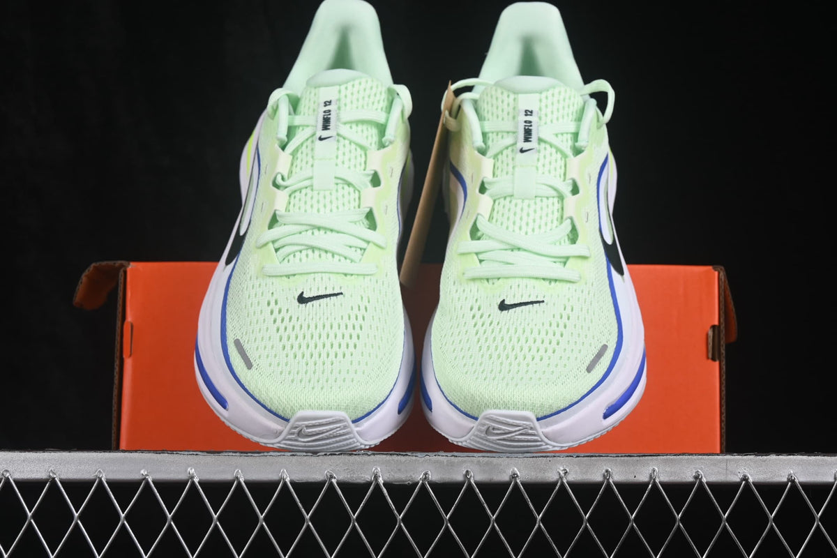 Front view of the pair showing pale green mesh-like uppers, laces, black Swooshes and blue trim.