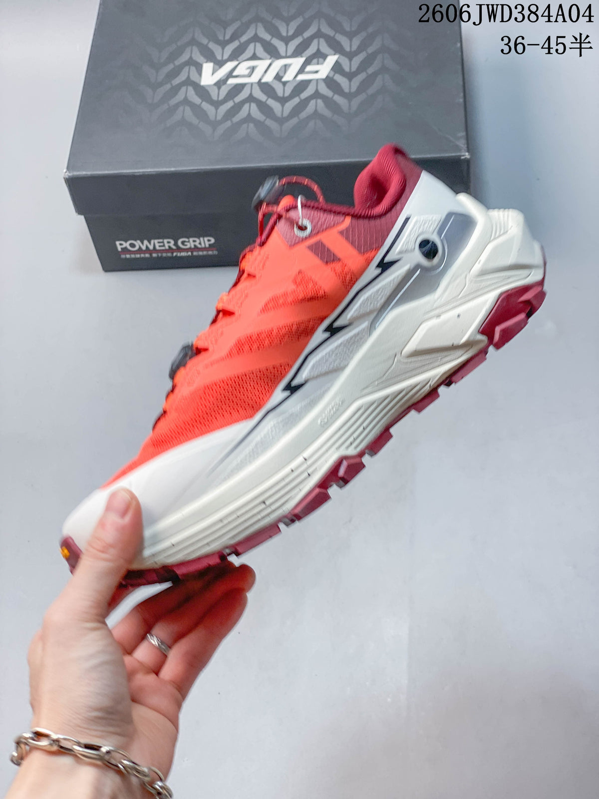 Side profile showing the coral upper, white midsole, burgundy outsole, and dial-adjustable lace system.