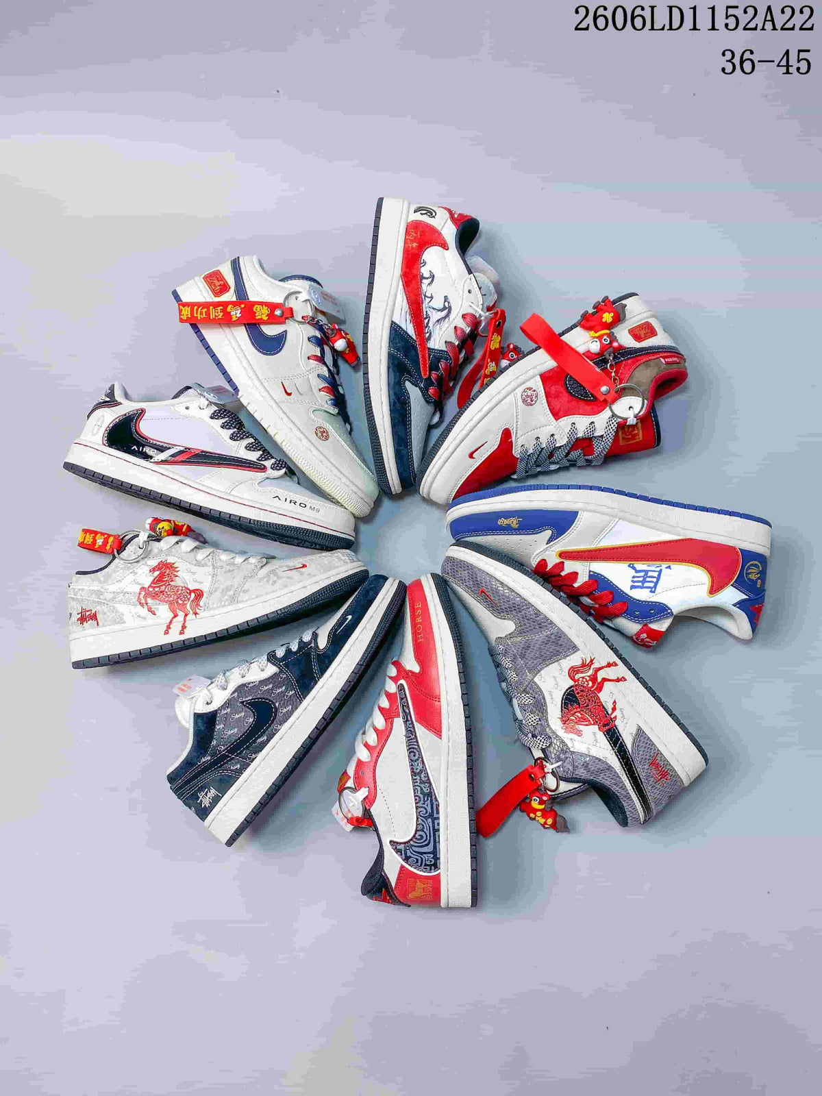 Several low-top sneaker designs arranged in a circle; size range 36–45 is printed in the image.