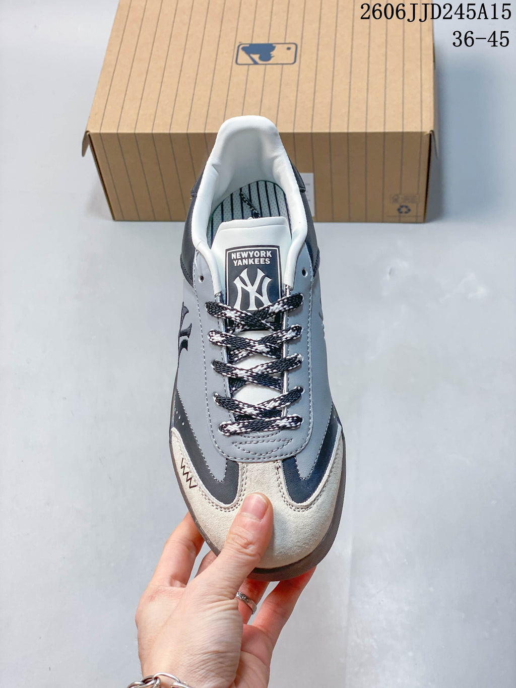 Top view of the sneaker showing patterned laces and tongue graphic